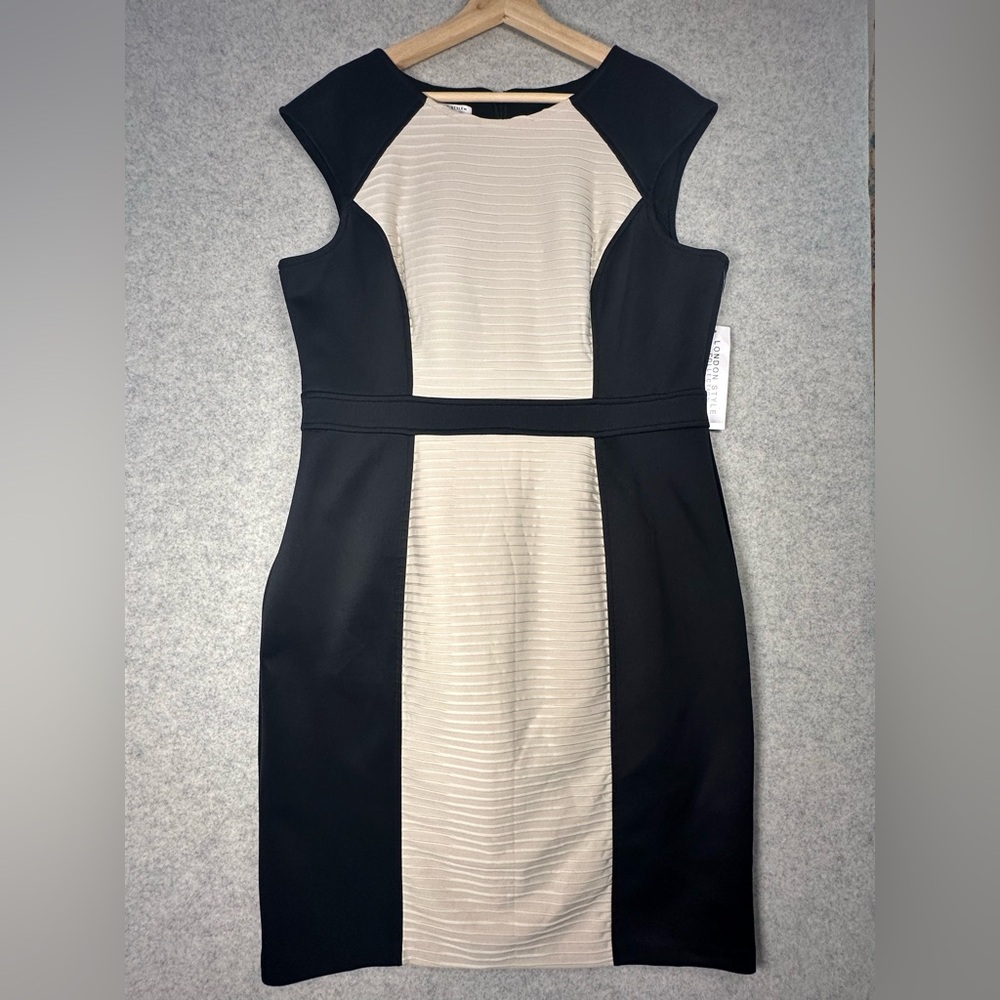 London Style Black Cream Paneled Midi Classic Flattering Sleeveless Sheath Dress